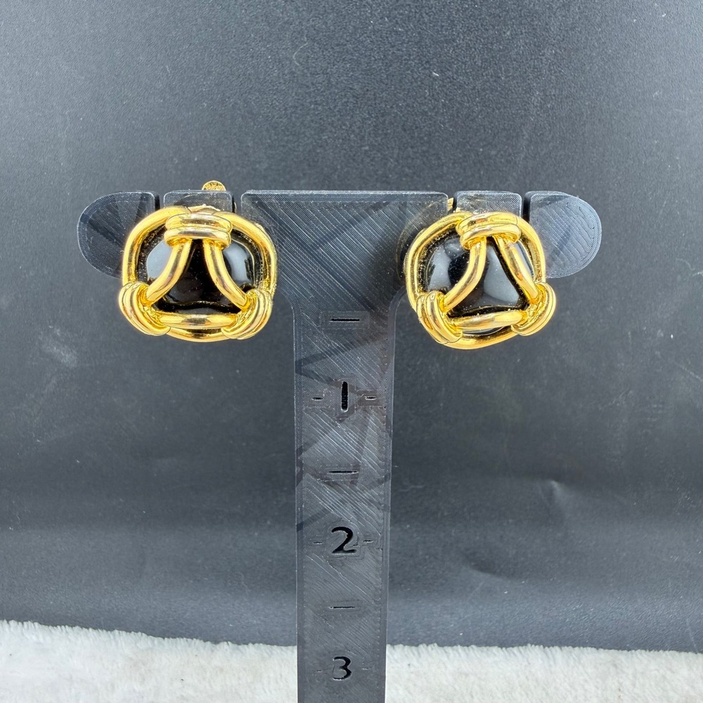 Vintage‎ Carolee Clip On Earrings Gold Black Knot Statement Studs 1"